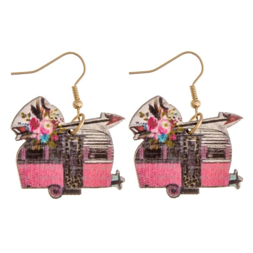 Drop earrings featuring a camper camping